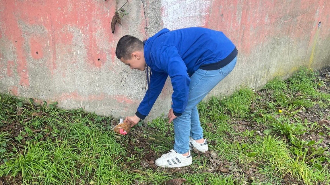 Kuşlar için okulumuzun yakınlarına yem kutuları bıraktık.